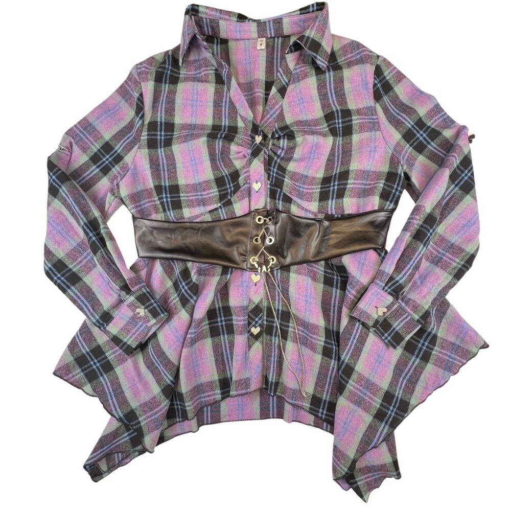 RoseGal Blouse 1X Purple Grunge Plaid Asymmetrical Punk Edgy Corset Waist Top